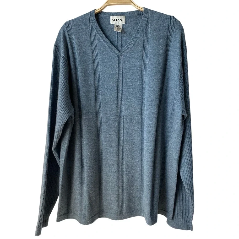 Alfani Ribbed Knit V-Neck Merino Wool Sweater Men XL Blue Preppy 90s Grandpacore